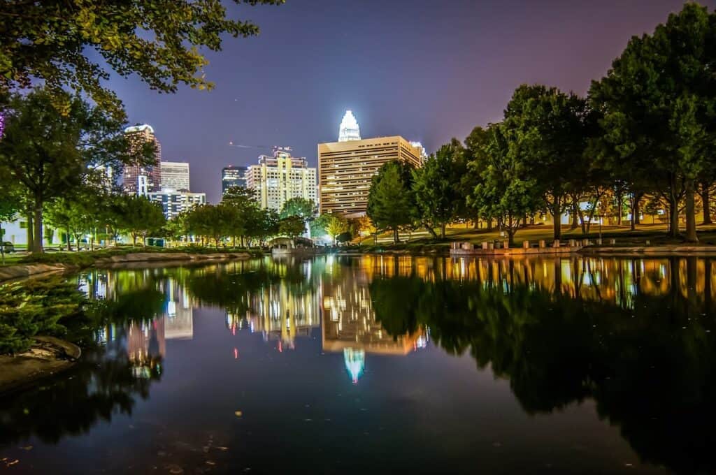 Charlotte, NC skyline at night on the water