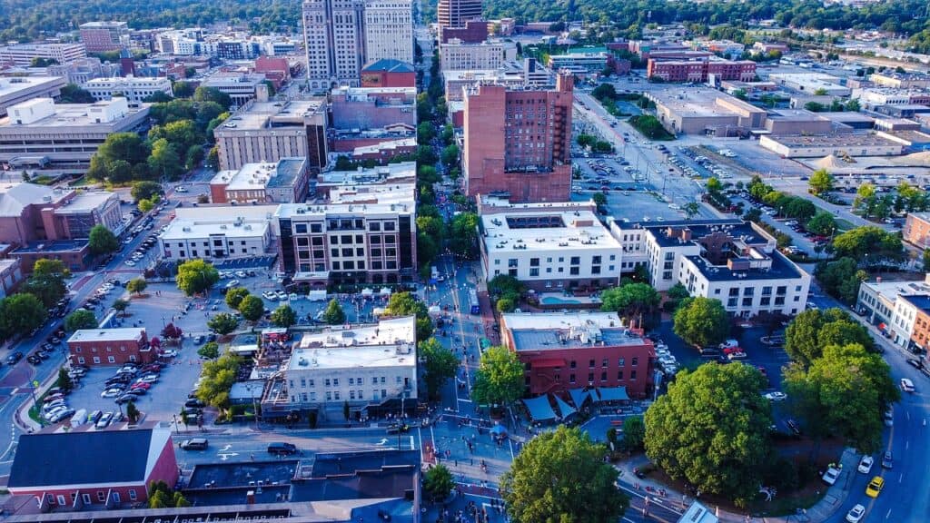 bird's eye view of Greensboro, NC skyline