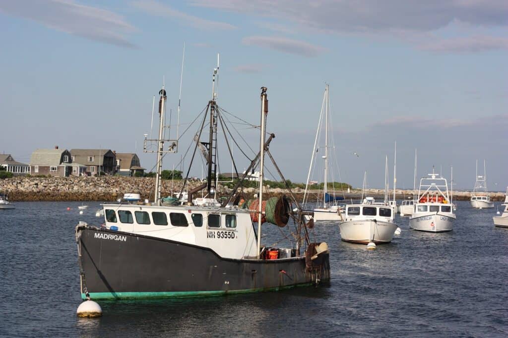 Boat in New Hampshire sea with boats and coast in background