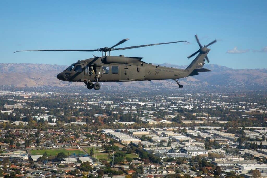 U.S. helicopter flying over Santa Clara, CA