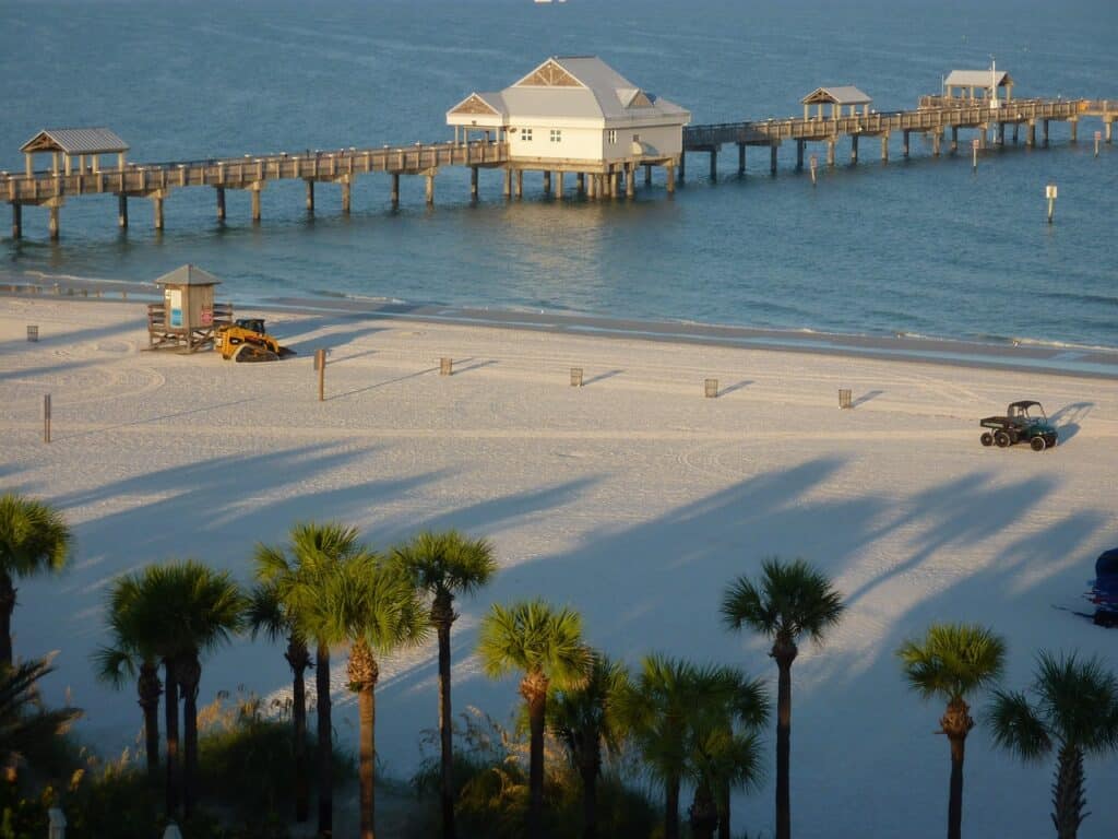 white sand beach, palm trees, and pier in Clearwater, Florida