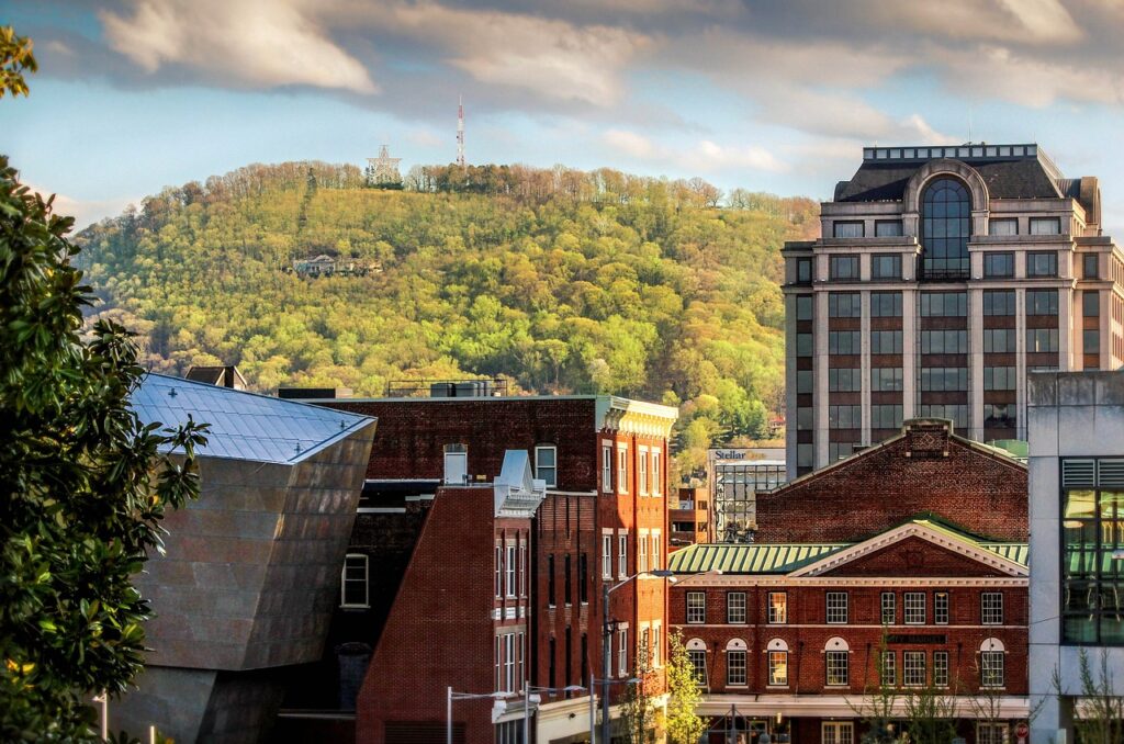 View of Roanoke, Virginia buildings with star in background.