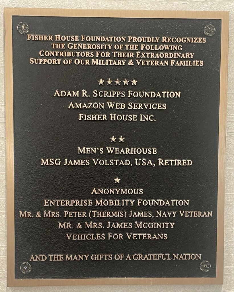 plaque from Fisher House mentioning the charity of Vehicles For Veterans